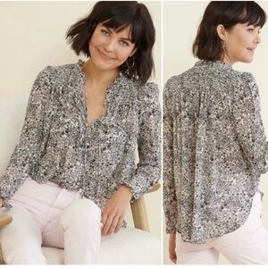 Free People Long Sleeve Micro Floral Smocked Blouse Blue Sz L Ruffle Sheer Tie